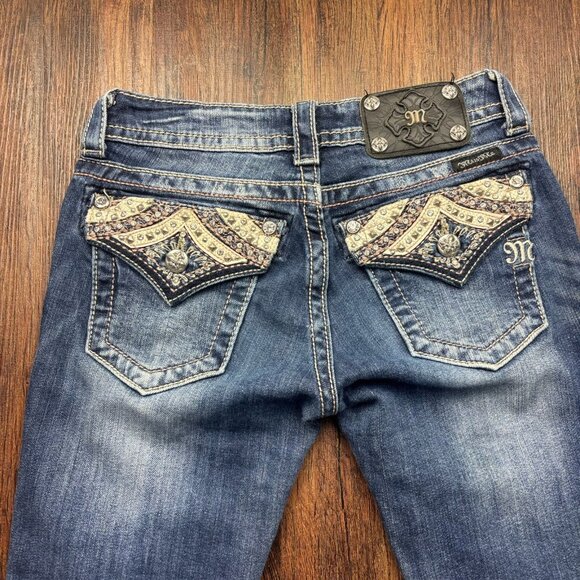 Miss Me Boot Jeans Rhinestones Studded Distressed Medium Wash Size 25 - Picture 4 of 12